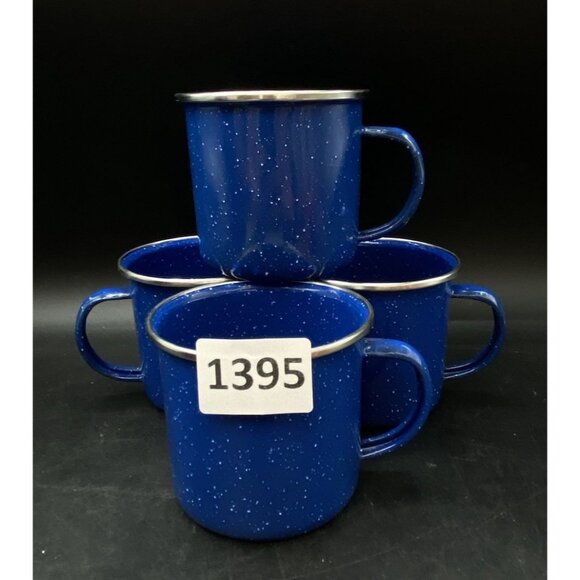 Set Of 4 Metal Enamelware Speckled Blue 3.25” Silver Rim Mug Camping 12oz G - Picture 6 of 7